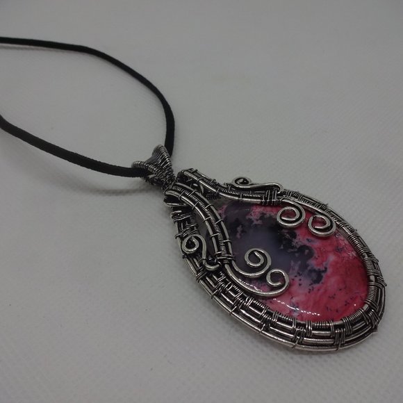 Artistic "RHODOCHROSITE" Handmade WIRE-WRAPPED Silver Pendant/Black Leather 850 - Picture 1 of 3